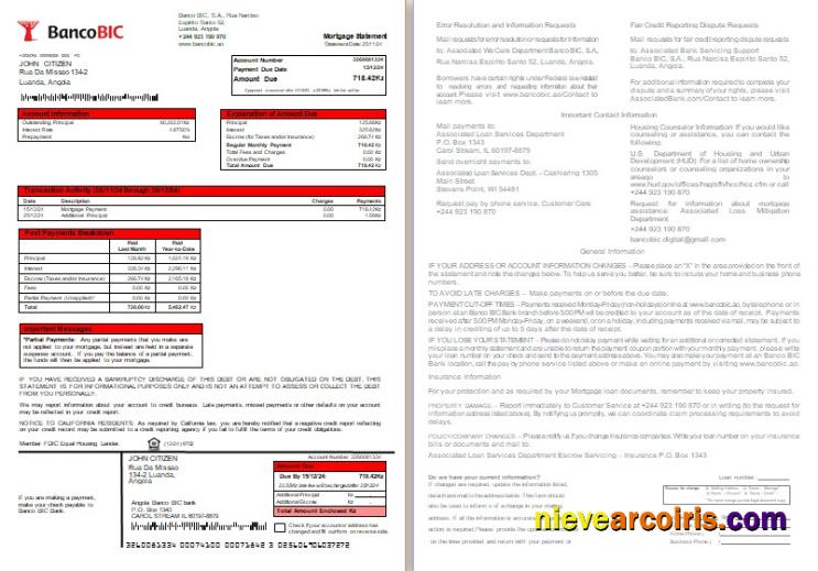 Angola Banco BIC bank mortgage statement, 2 pages, 1-2